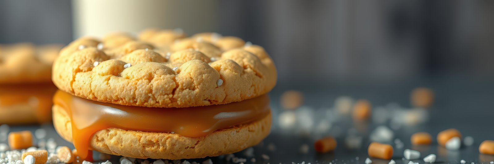Delicious caramel filled cookies served on a table with a glass of milk beside them